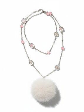 Long necklace with recycle fur pompom as a pendant - pink and clear beads